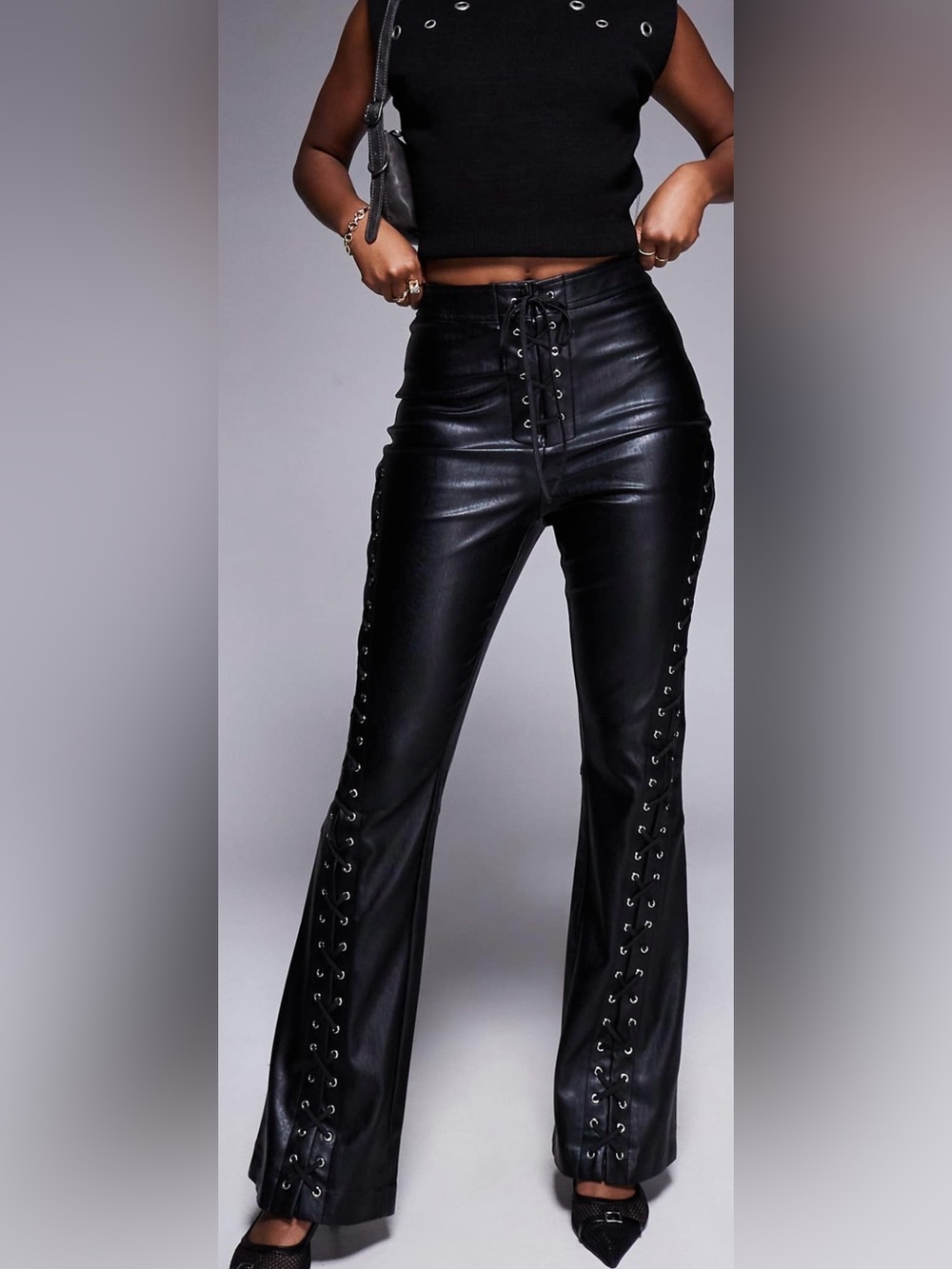 River Island Black Faux Leather Lace Up Western Trousers NWT